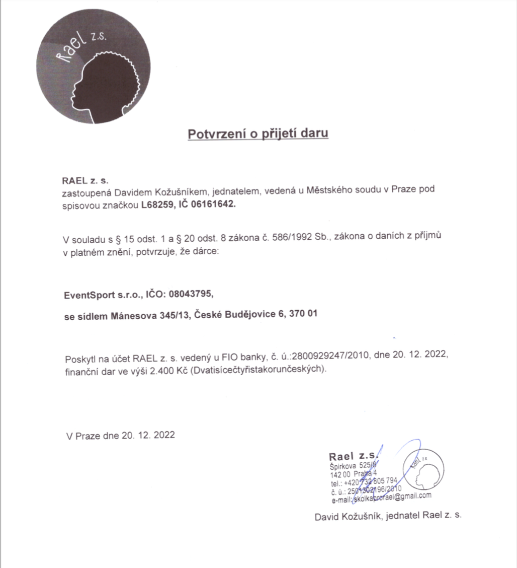 potvrzení o přijetí daru - Rael